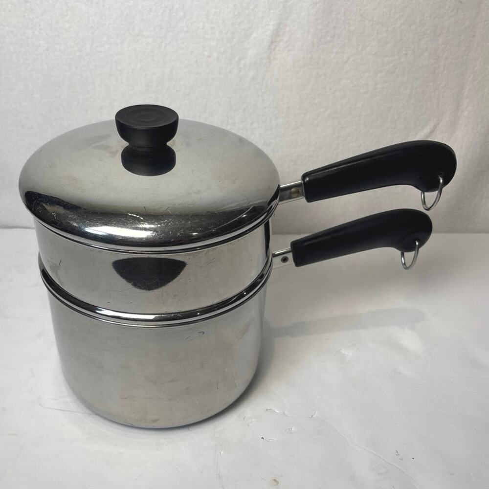 Vintage Revere Ware 3 Qt Saucepan w Double Boiler Insert Tri-Ply Disc Bottom